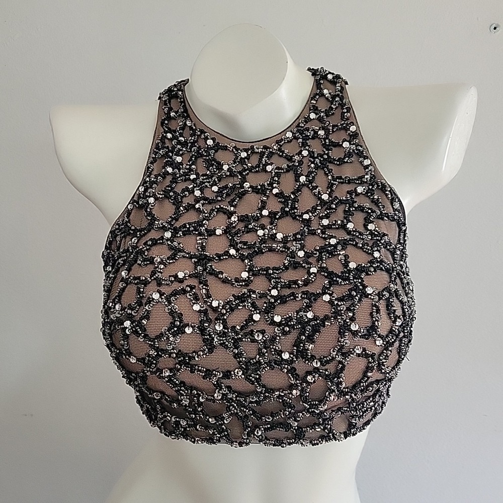 Terani Couture Gown 2 Black Two Piece Beaded High Neck Crop Top Organza Skirt - Picture 12 of 13